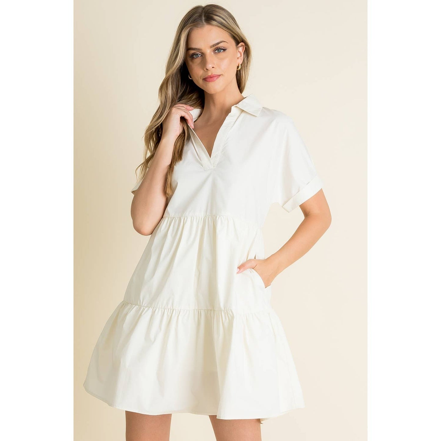 Collared Short Sleeve Dress: CREAM