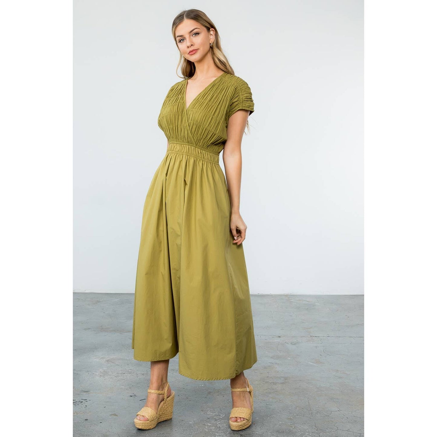 Smocked Poplin Maxi Dress With Pockets: OLIVE