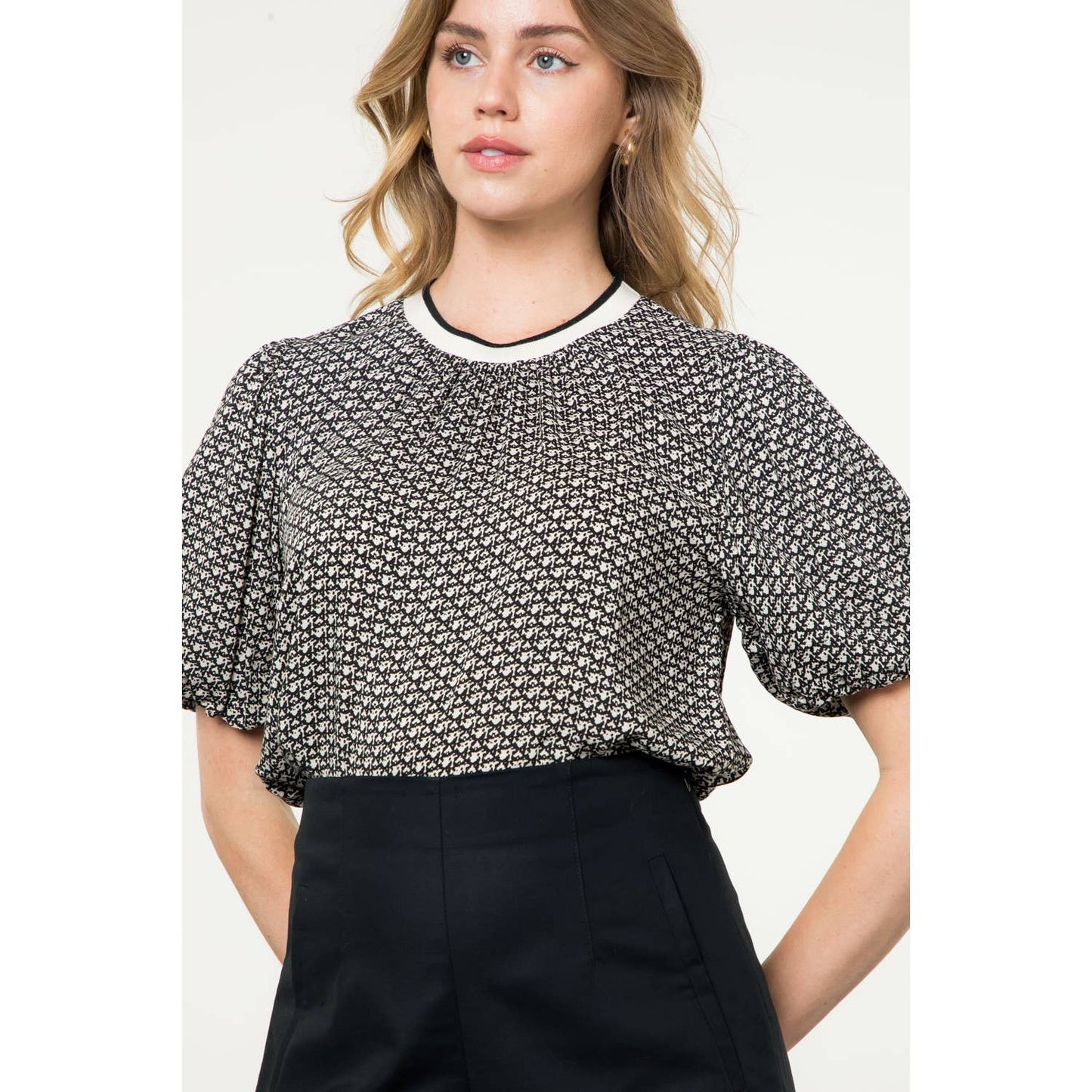 Puff Sleeve Print Top: CREAM