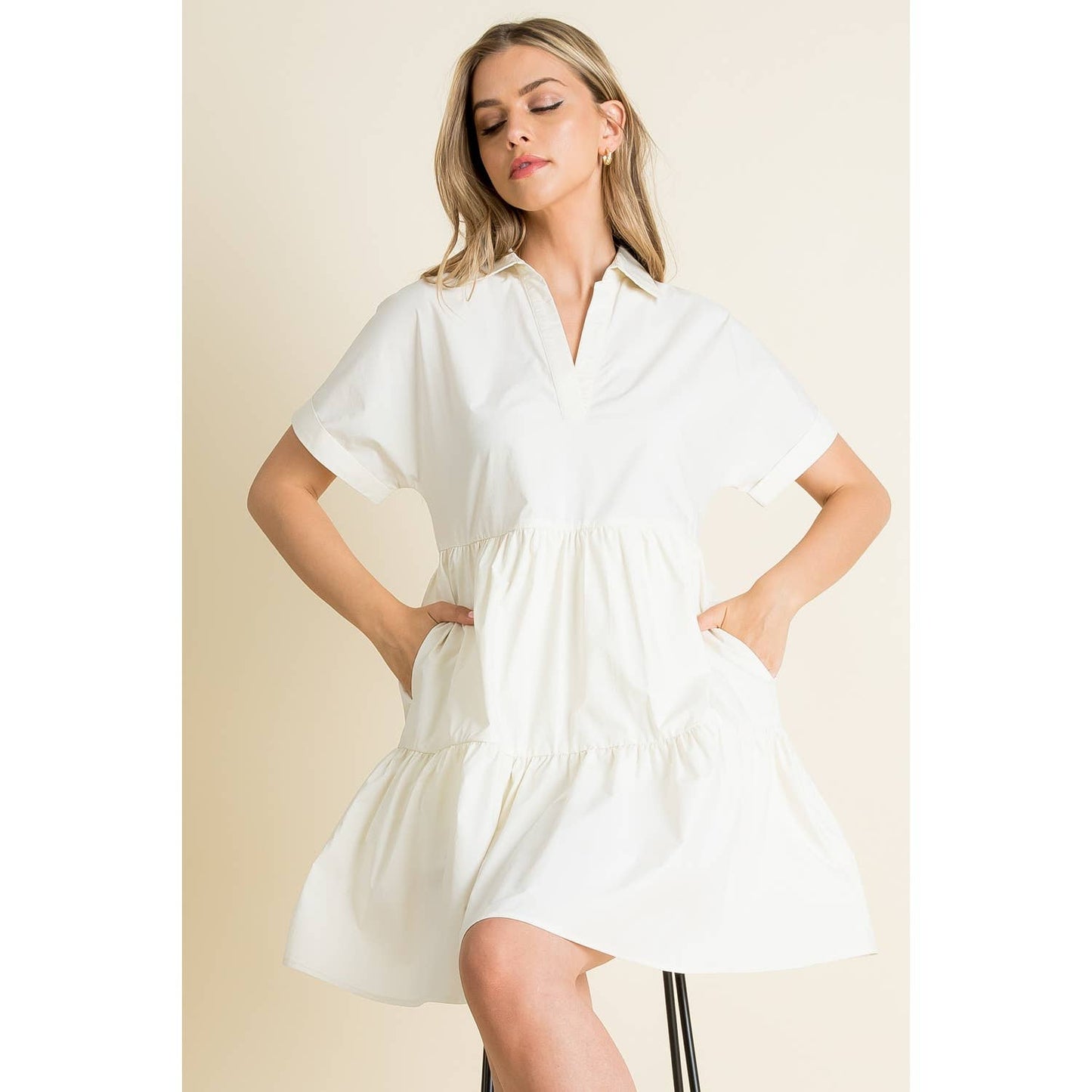 Collared Short Sleeve Dress: CREAM