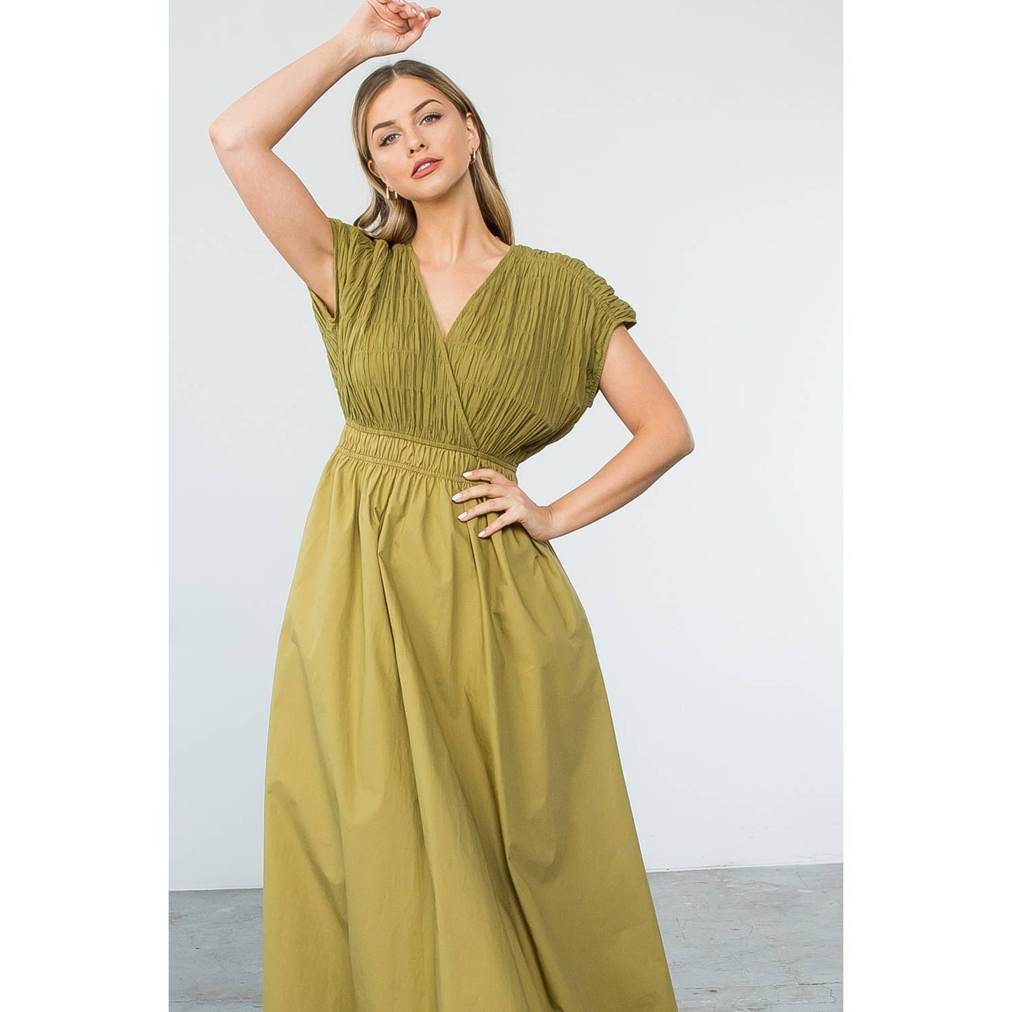 Smocked Poplin Maxi Dress With Pockets: OLIVE