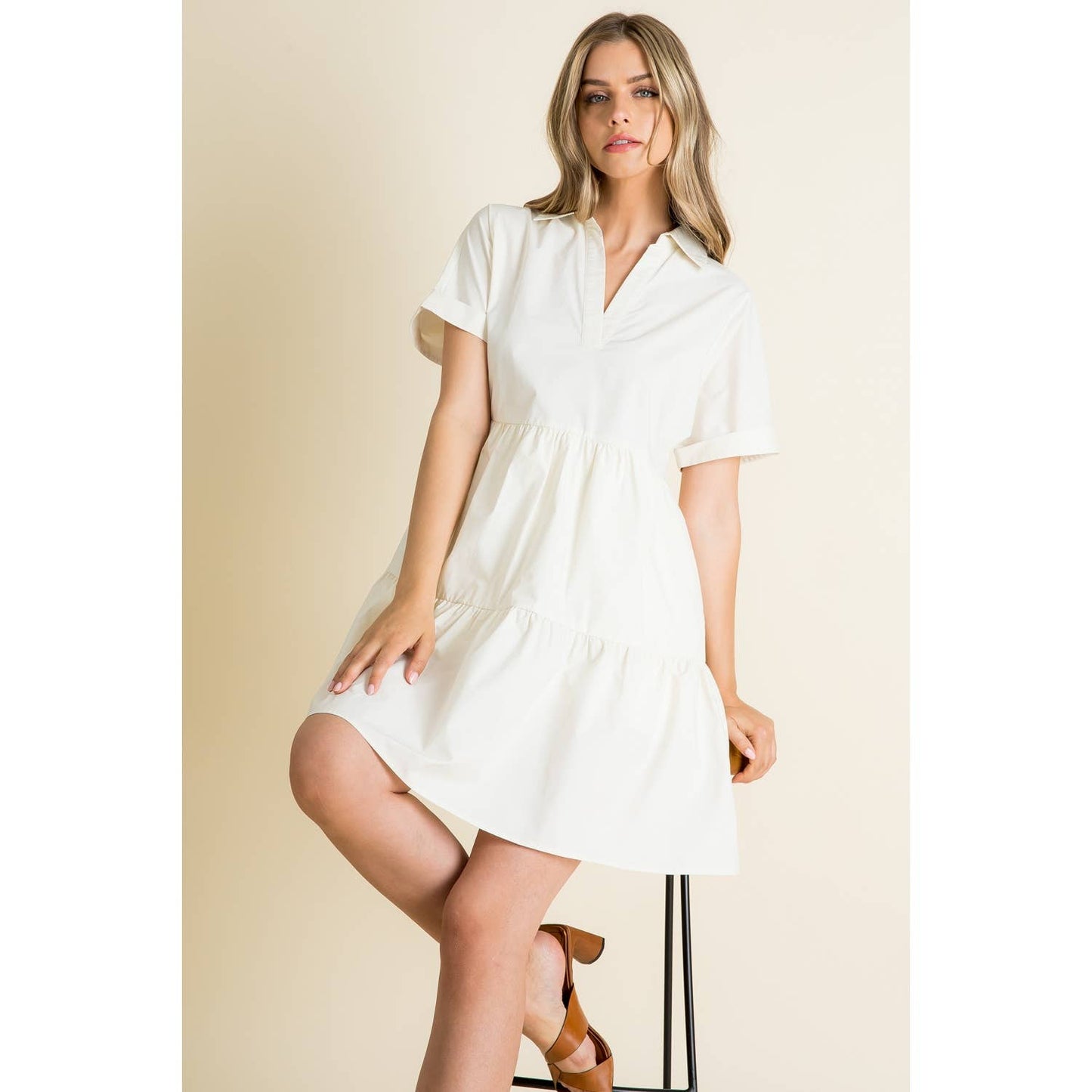 Collared Short Sleeve Dress: CREAM