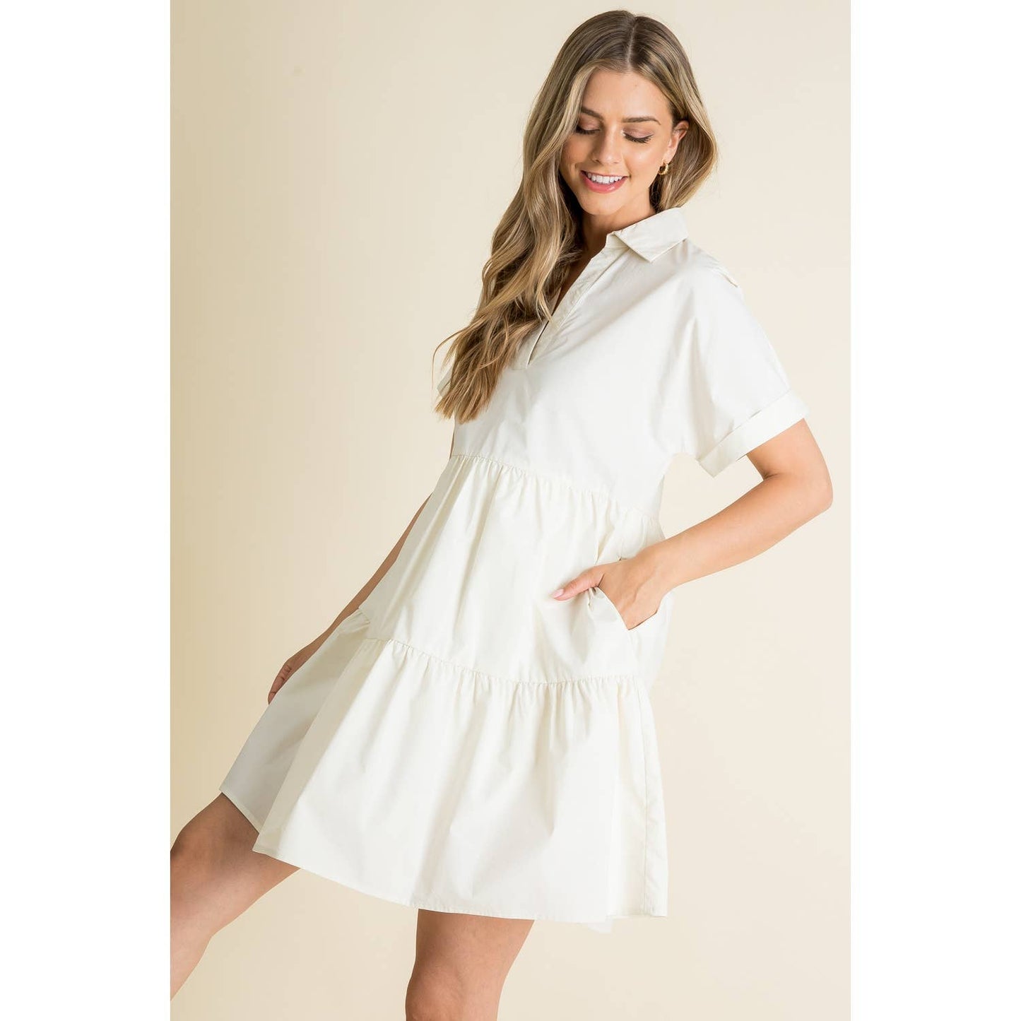 Collared Short Sleeve Dress: CREAM