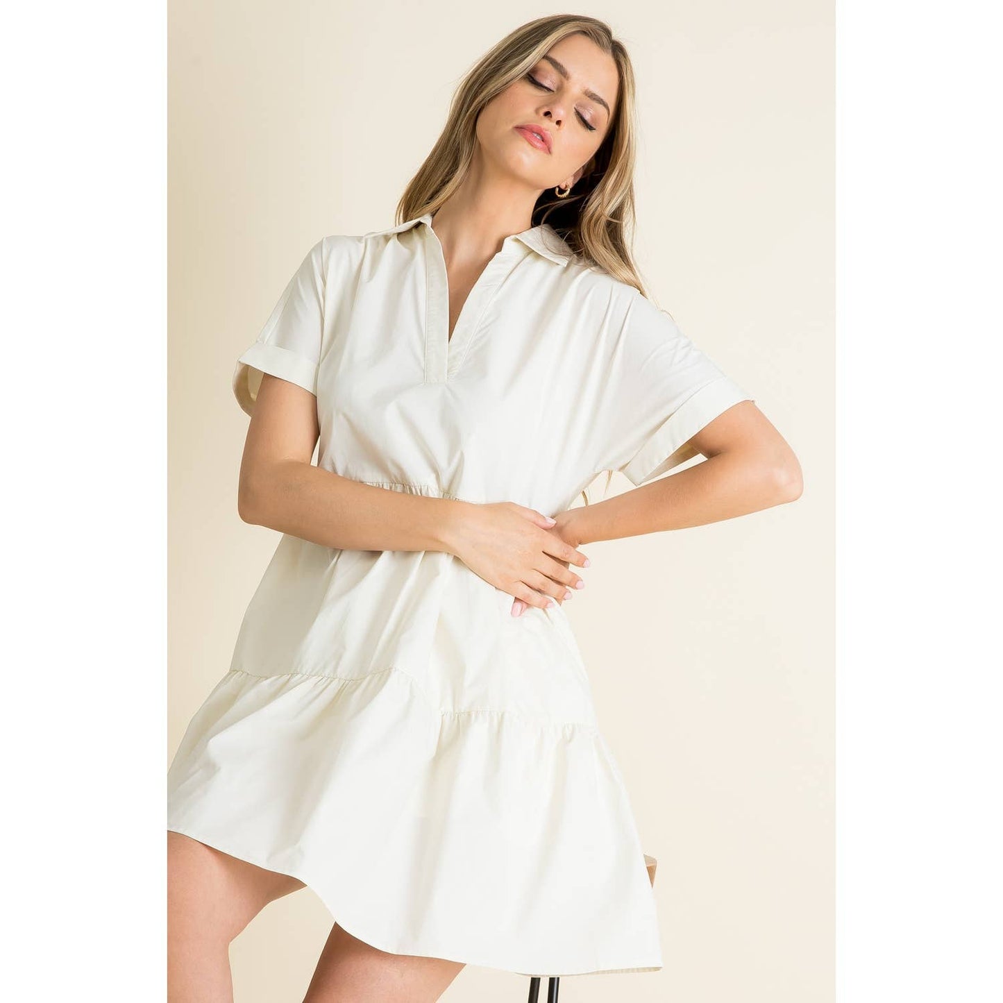 Collared Short Sleeve Dress: CREAM