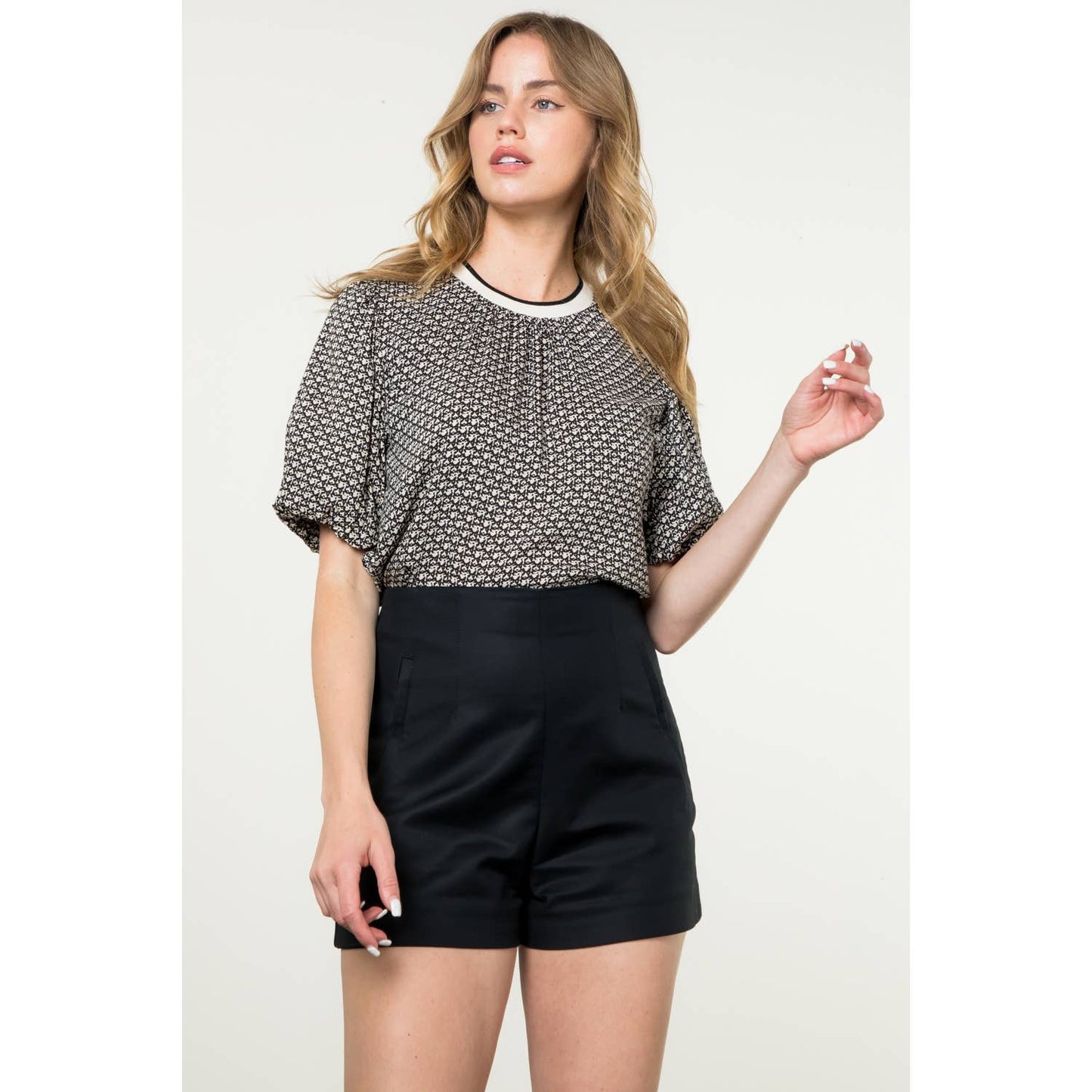 Puff Sleeve Print Top: CREAM
