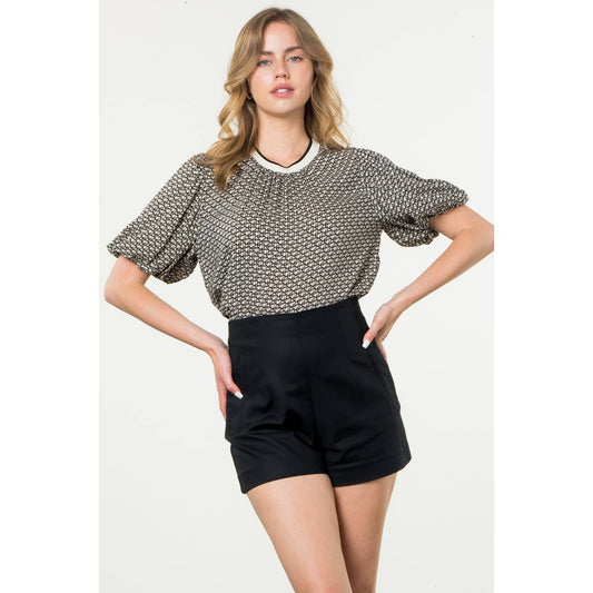 Puff Sleeve Print Top: CREAM
