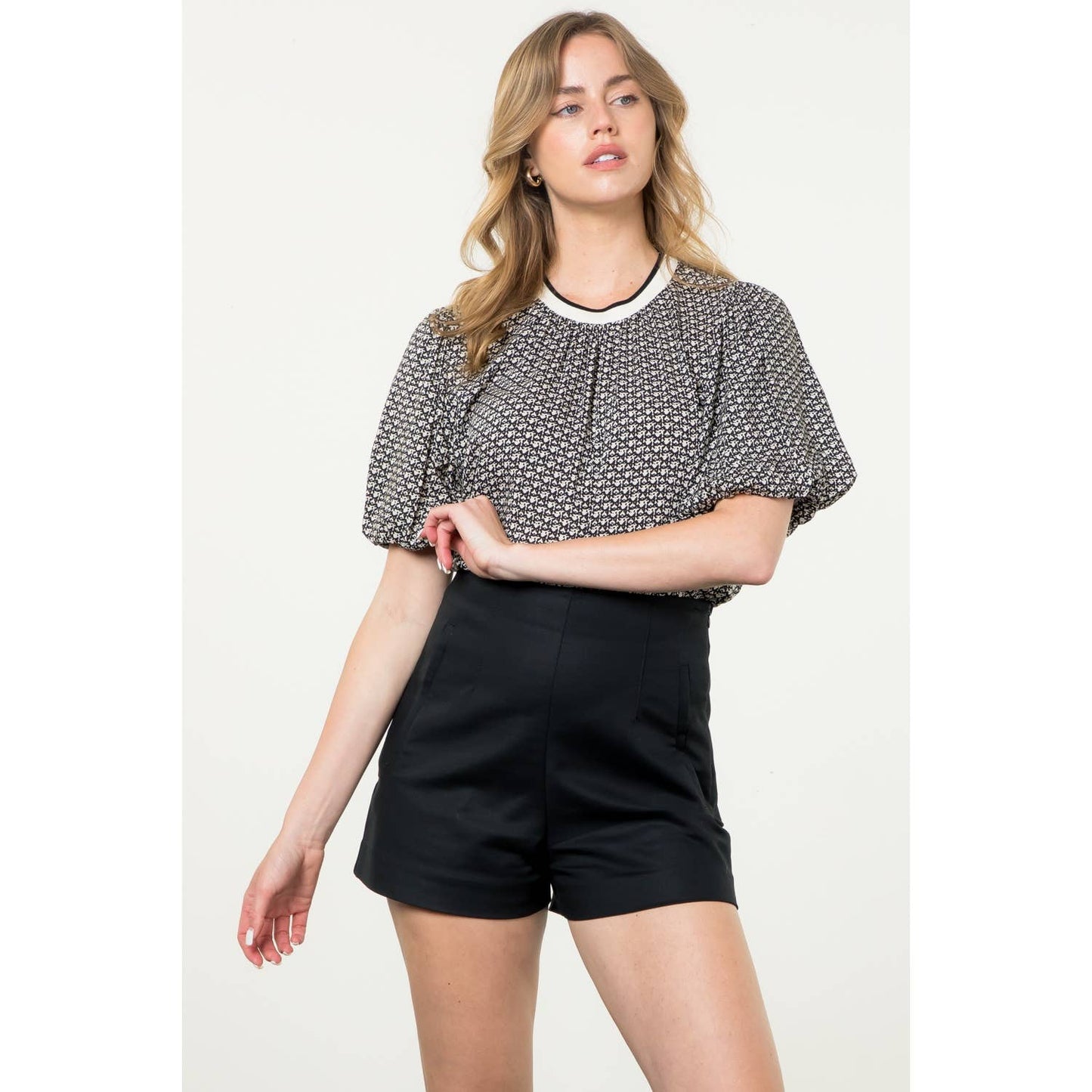 Puff Sleeve Print Top: CREAM
