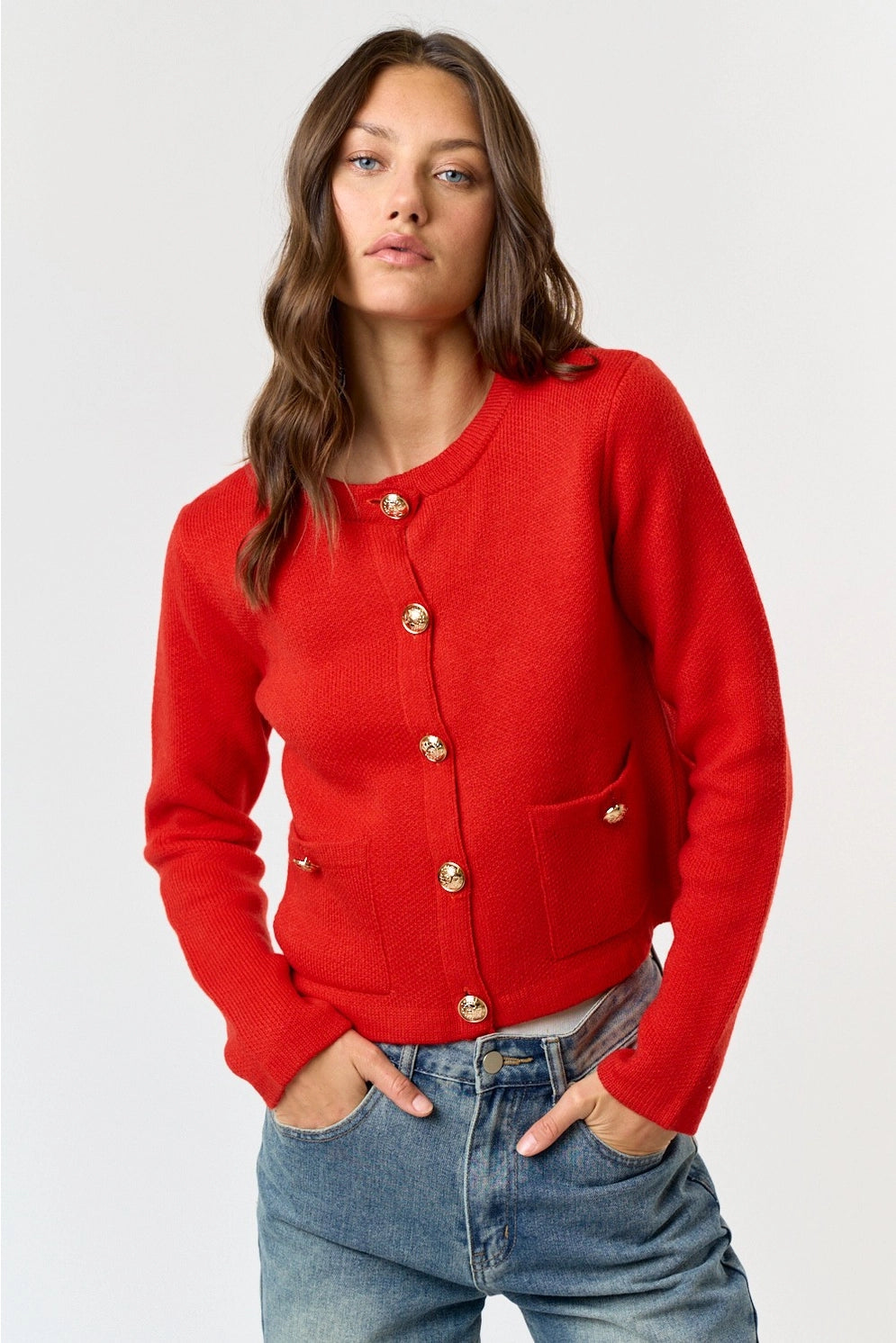 Brass button cardinal sweater