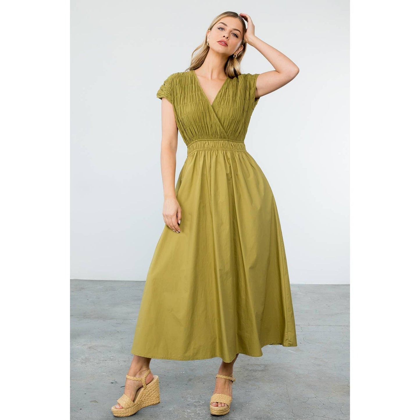 Smocked Poplin Maxi Dress With Pockets: OLIVE