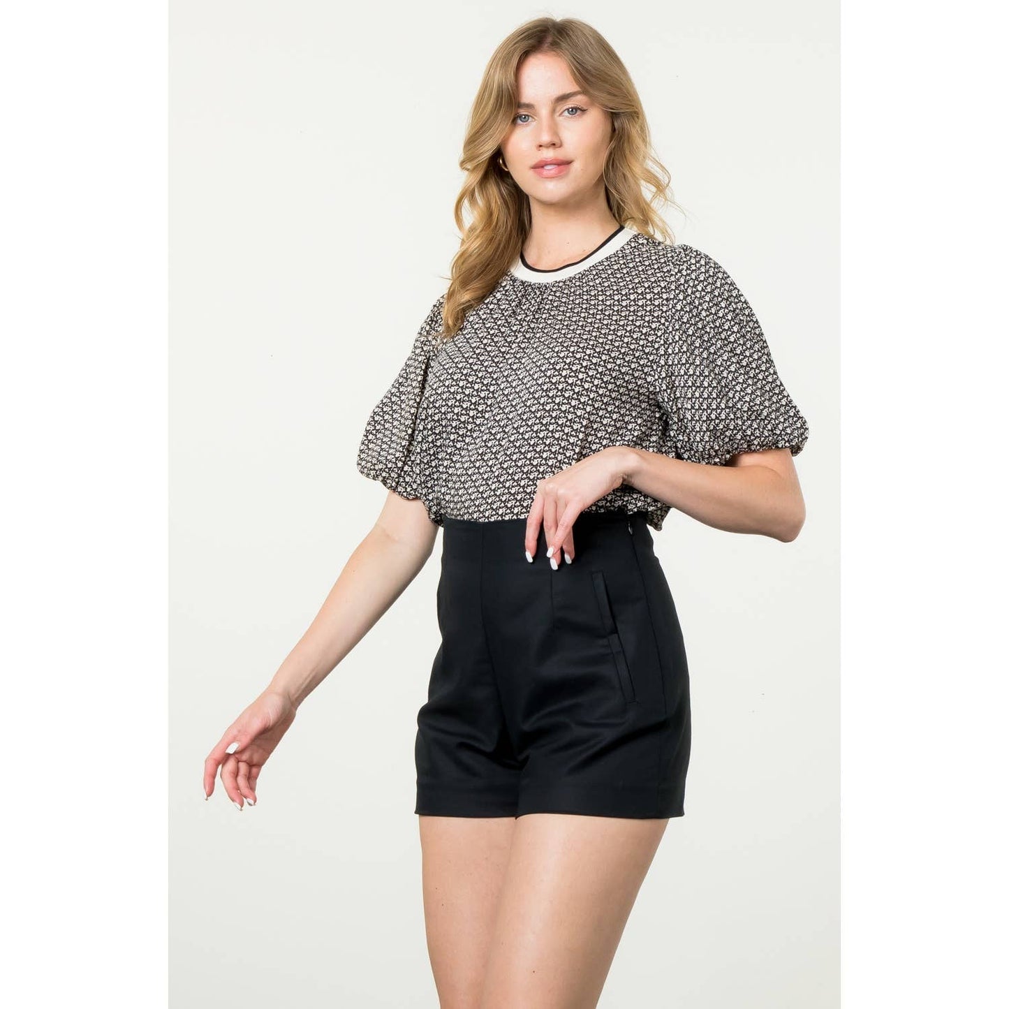 Puff Sleeve Print Top: CREAM
