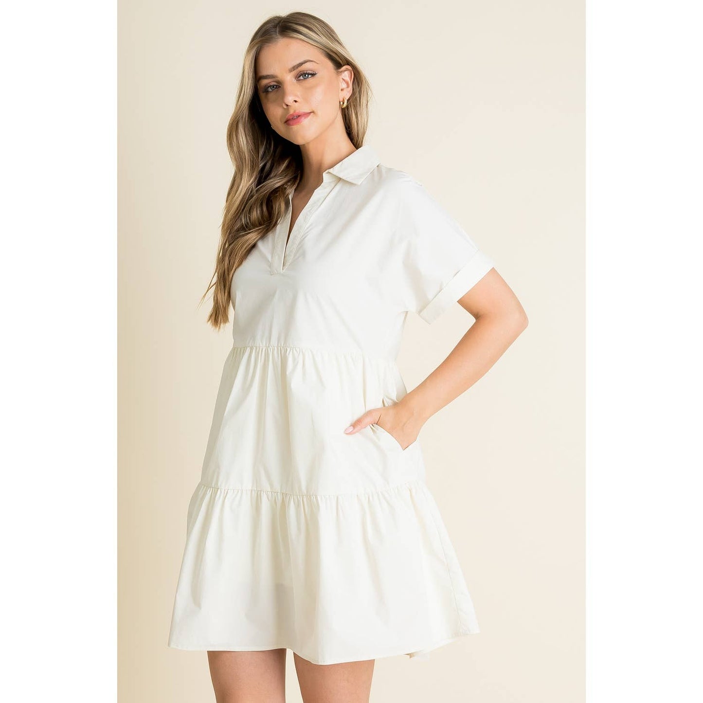 Collared Short Sleeve Dress: CREAM