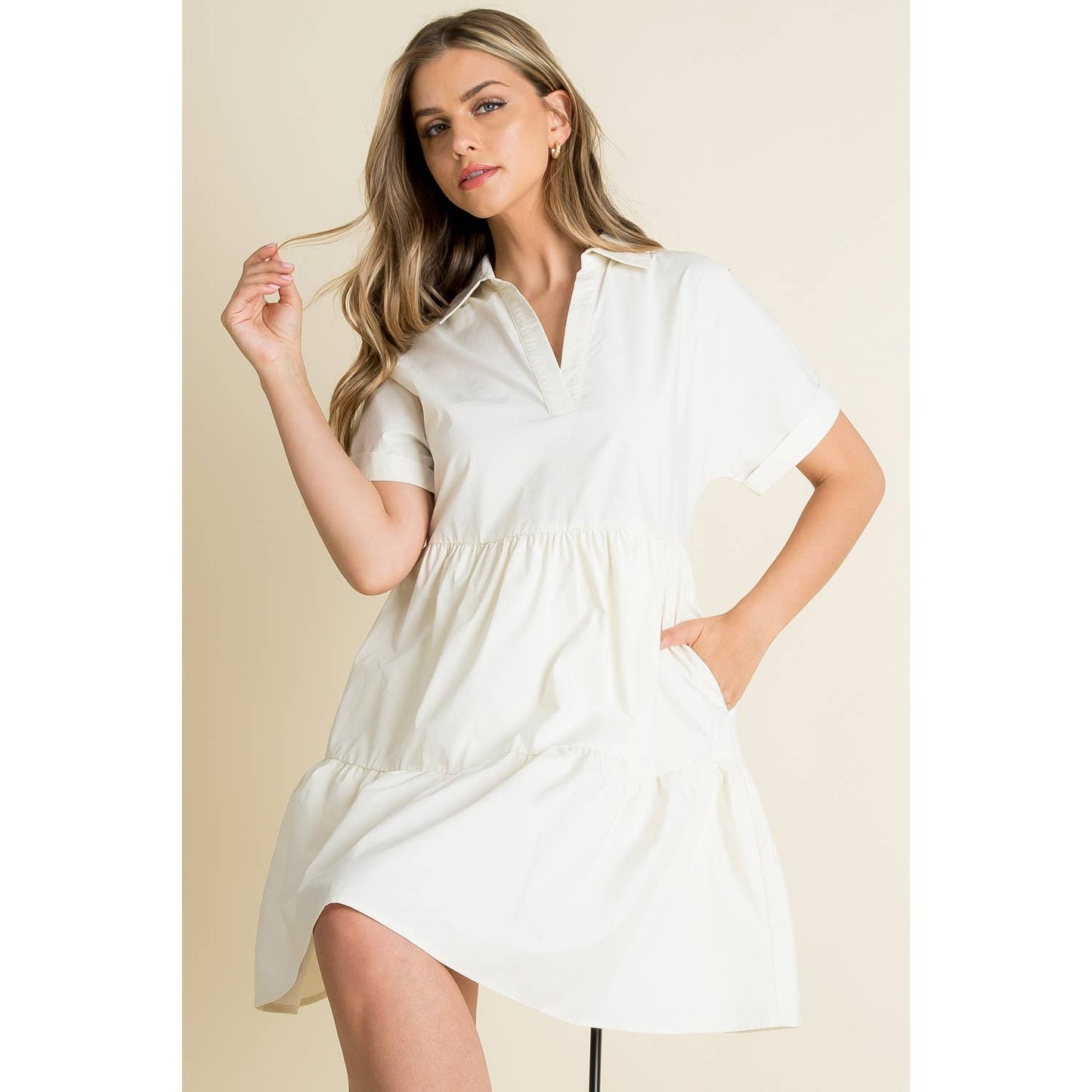 Collared Short Sleeve Dress: CREAM